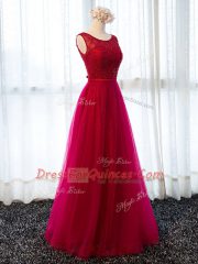 Fuchsia Sleeveless Floor Length Beading and Belt Lace Up Evening Dress