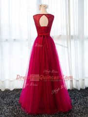 Fuchsia Sleeveless Floor Length Beading and Belt Lace Up Evening Dress