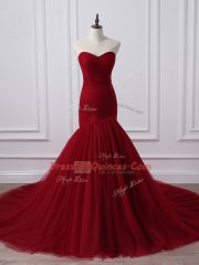 Sweetheart Sleeveless Prom Evening Gown Court Train Ruching Wine Red Tulle