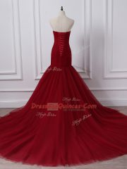 Sweetheart Sleeveless Prom Evening Gown Court Train Ruching Wine Red Tulle