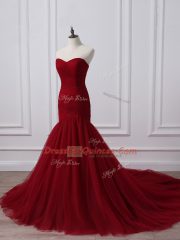 Sweetheart Sleeveless Prom Evening Gown Court Train Ruching Wine Red Tulle