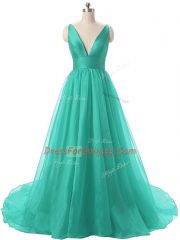 Ideal A-line Sleeveless Turquoise Prom Dresses Brush Train Backless