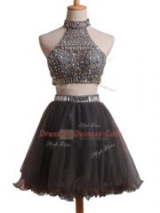 Excellent Black Two Pieces Halter Top Sleeveless Organza Mini Length Criss Cross Beading Prom Evening Gown