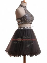 Excellent Black Two Pieces Halter Top Sleeveless Organza Mini Length Criss Cross Beading Prom Evening Gown