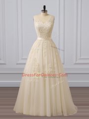 Shining Champagne Sleeveless Tulle Brush Train Lace Up Prom Evening Gown for Prom and Party and Military Ball