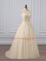 Shining Champagne Sleeveless Tulle Brush Train Lace Up Prom Evening Gown for Prom and Party and Military Ball