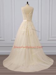 Shining Champagne Sleeveless Tulle Brush Train Lace Up Prom Evening Gown for Prom and Party and Military Ball