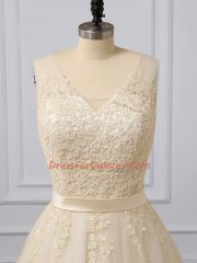 Shining Champagne Sleeveless Tulle Brush Train Lace Up Prom Evening Gown for Prom and Party and Military Ball