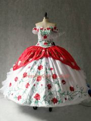 Admirable White And Red Ball Gowns Embroidery and Ruffles Ball Gown Prom Dress Lace Up Organza and Taffeta Cap Sleeves Floor Length