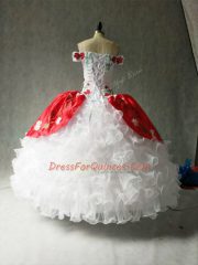 Admirable White And Red Ball Gowns Embroidery and Ruffles Ball Gown Prom Dress Lace Up Organza and Taffeta Cap Sleeves Floor Length
