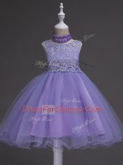 Scoop Sleeveless Child Pageant Dress Knee Length Beading and Lace Lavender Organza