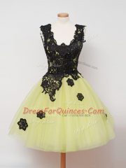 Discount Yellow Tulle Zipper Damas Dress Sleeveless Knee Length Lace