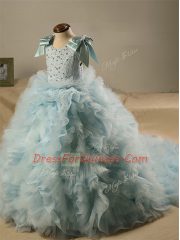 Scoop Sleeveless Brush Train Zipper Child Pageant Dress Light Blue Tulle