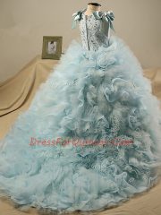 Scoop Sleeveless Brush Train Zipper Child Pageant Dress Light Blue Tulle