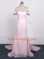 Latest Baby Pink Dress for Prom Prom and Party and Sweet 16 with Beading Off The Shoulder Sleeveless Watteau Train Zipper