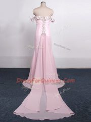 Latest Baby Pink Dress for Prom Prom and Party and Sweet 16 with Beading Off The Shoulder Sleeveless Watteau Train Zipper