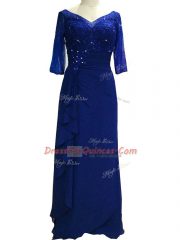 Royal Blue Column/Sheath Chiffon V-neck Sleeveless Beading Floor Length Zipper Prom Dress