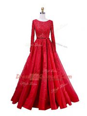 Red Prom Party Dress Scoop Long Sleeves Brush Train Zipper