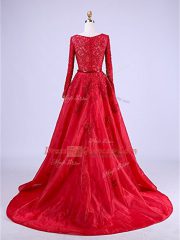 Red Prom Party Dress Scoop Long Sleeves Brush Train Zipper