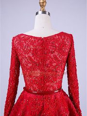 Red Prom Party Dress Scoop Long Sleeves Brush Train Zipper