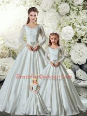 Modest White V-neck Lace Up Lace and Belt 15th Birthday Dress Chapel Train Long Sleeves
