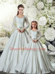 Modest White V-neck Lace Up Lace and Belt 15th Birthday Dress Chapel Train Long Sleeves