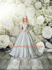 Modest White V-neck Lace Up Lace and Belt 15th Birthday Dress Chapel Train Long Sleeves