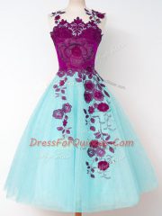 Aqua Blue Tulle Lace Up Straps Sleeveless Knee Length Court Dresses for Sweet 16 Appliques