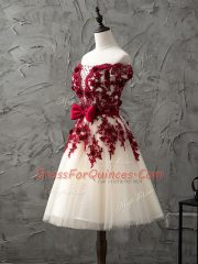 Champagne Lace Up Quinceanera Court Dresses Appliques and Bowknot Sleeveless Knee Length