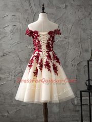 Champagne Lace Up Quinceanera Court Dresses Appliques and Bowknot Sleeveless Knee Length