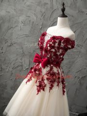 Champagne Lace Up Quinceanera Court Dresses Appliques and Bowknot Sleeveless Knee Length
