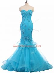 On Sale Aqua Blue Evening Dress Tulle Brush Train Sleeveless Appliques