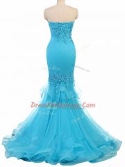 On Sale Aqua Blue Evening Dress Tulle Brush Train Sleeveless Appliques