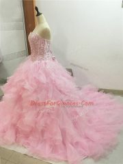 Fashion Baby Pink Lace Up Sweetheart Beading and Ruffles Quince Ball Gowns Organza Sleeveless Brush Train