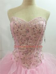 Fashion Baby Pink Lace Up Sweetheart Beading and Ruffles Quince Ball Gowns Organza Sleeveless Brush Train