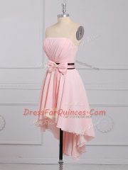Strapless Sleeveless Quinceanera Court Dresses High Low Ruching and Bowknot Baby Pink Chiffon