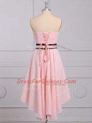 Strapless Sleeveless Quinceanera Court Dresses High Low Ruching and Bowknot Baby Pink Chiffon