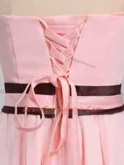 Strapless Sleeveless Quinceanera Court Dresses High Low Ruching and Bowknot Baby Pink Chiffon