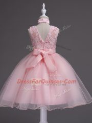 Baby Pink Zipper Little Girl Pageant Dress Beading and Appliques Sleeveless Knee Length