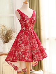 Red A-line Lace and Appliques Prom Dresses Backless Lace Sleeveless High Low