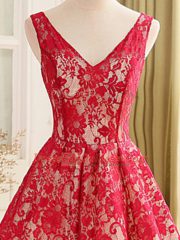 Red A-line Lace and Appliques Prom Dresses Backless Lace Sleeveless High Low