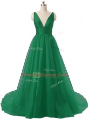 Stylish Dark Green Backless V-neck Ruching Prom Party Dress Organza Sleeveless Brush Train
