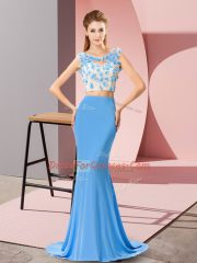 Scoop Sleeveless Prom Dresses Brush Train Beading and Hand Made Flower Baby Blue Chiffon