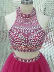 Sleeveless Mini Length Beading Backless Homecoming Dress with Fuchsia