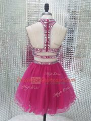 Sleeveless Mini Length Beading Backless Homecoming Dress with Fuchsia