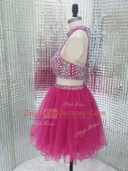 Sleeveless Mini Length Beading Backless Homecoming Dress with Fuchsia