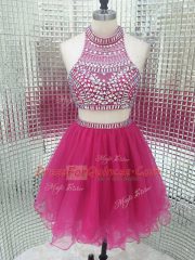 Sleeveless Mini Length Beading Backless Homecoming Dress with Fuchsia