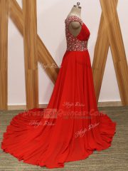 V-neck Sleeveless Chiffon Evening Dress Beading Brush Train Backless