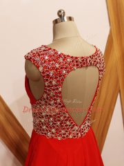 V-neck Sleeveless Chiffon Evening Dress Beading Brush Train Backless