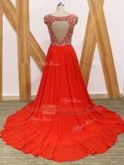 V-neck Sleeveless Chiffon Evening Dress Beading Brush Train Backless